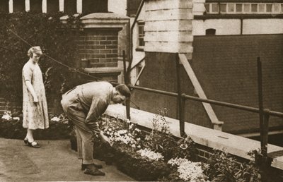 A couple tending their private roof garden on a block in Tudor Street, from Wonderful London, published 1926-27 by English Photographer